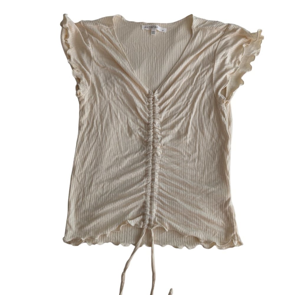 Women's Antistar cropped stretch cinched ruffle cap-sleeve top, cream, size M - Picture 2 of 6